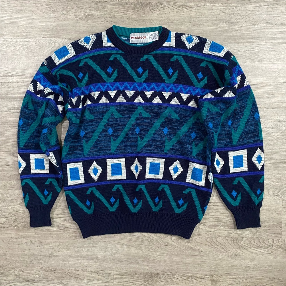 McGregor Vintage Navy and Teal Geometric‎ Crewneck Sweater